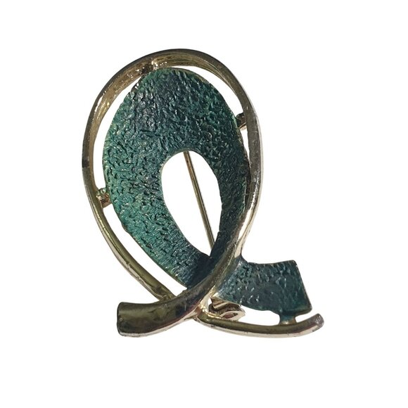 Gold Tone Textured Modernist Fish Pin Brooch Patina Teal Abstract Design Retro - Picture 2 of 5